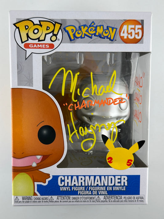 Funko POP Pokemon CHARMANDER SIGNED AUTO W/ INSCRIPTIONS "Michael Haigney" #455 Celebrations Sticker w/ COA JSA Authentic Certified
