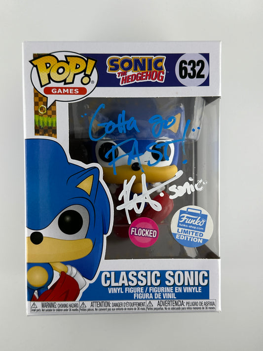 Funko POP Sonic The Hedgehog CLASSIC SONIC SIGNED AUTO W/ INSCRIPTION "Roger Craig Smith" #632 Flocked Limited Edition COA JSA Authentic Certified